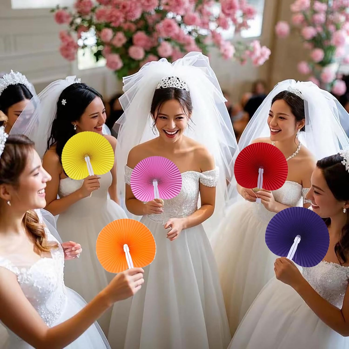 12 Packs Decorative Paper Folding Hand Fans Handheld,Hot Pink Round Foldable Wedding Fans Chinese