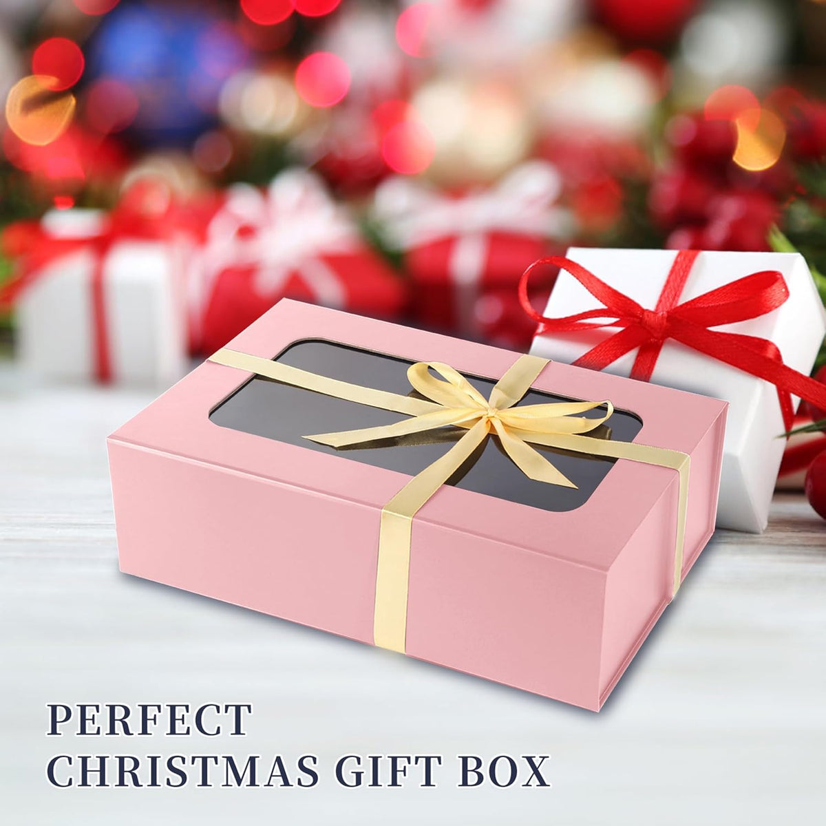 TIACABO Pink Large Gift Box with Window, 13.5"x9"x4.3" Bridesmaid Boxe for Gifts Giving,Birthday