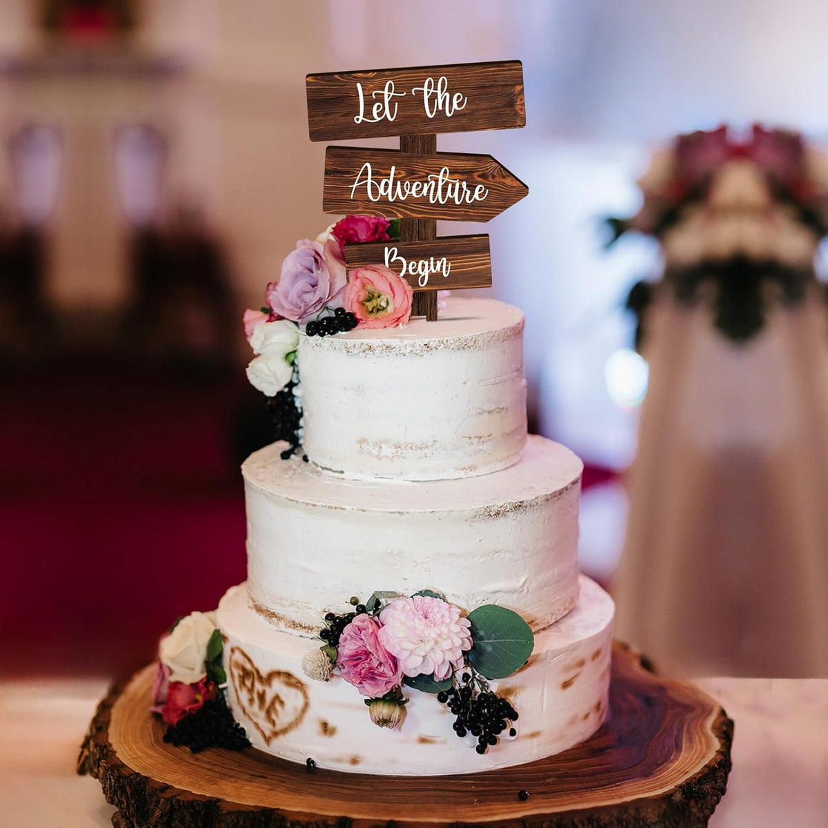 Let the Adventure Begin Cake Topper in Wood Rustic Cake Decoration for Wedding & Baby Shower