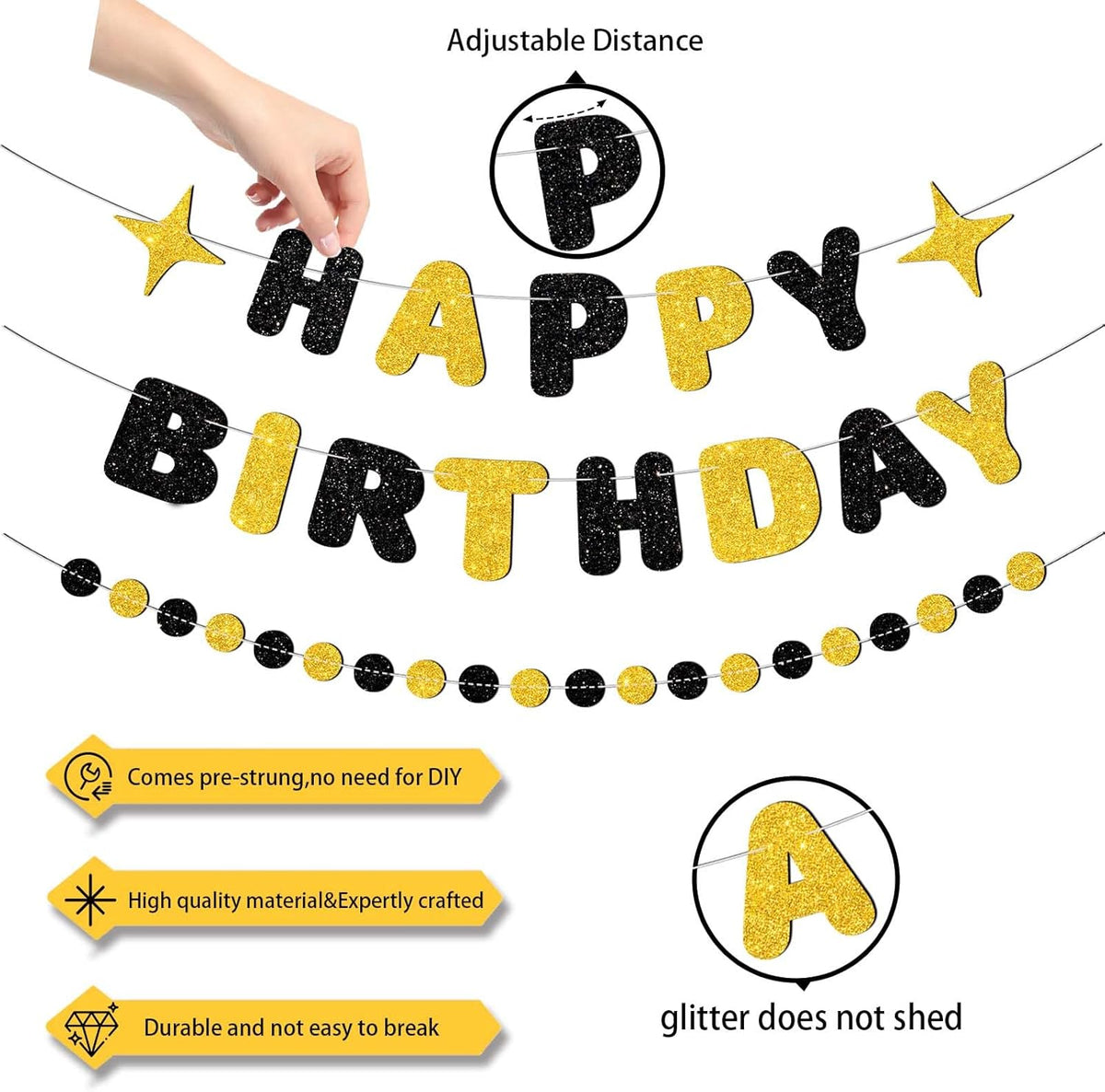 Black and Gold Happy Birthday Banner-Happy Birthday Decorations for Men Women Boys Girls Glitter