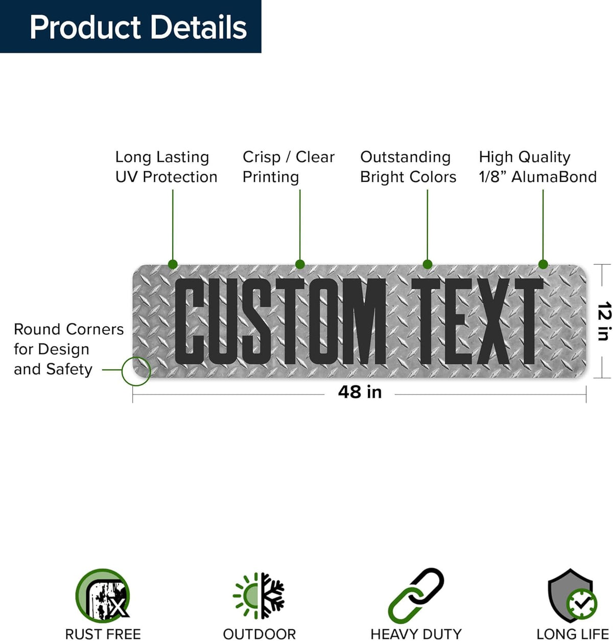 Custom Sign, Custom Street Sign, 11 Font Colors, 13 Font Styles, 4 Hole Options, 22 Sizes, 12x48