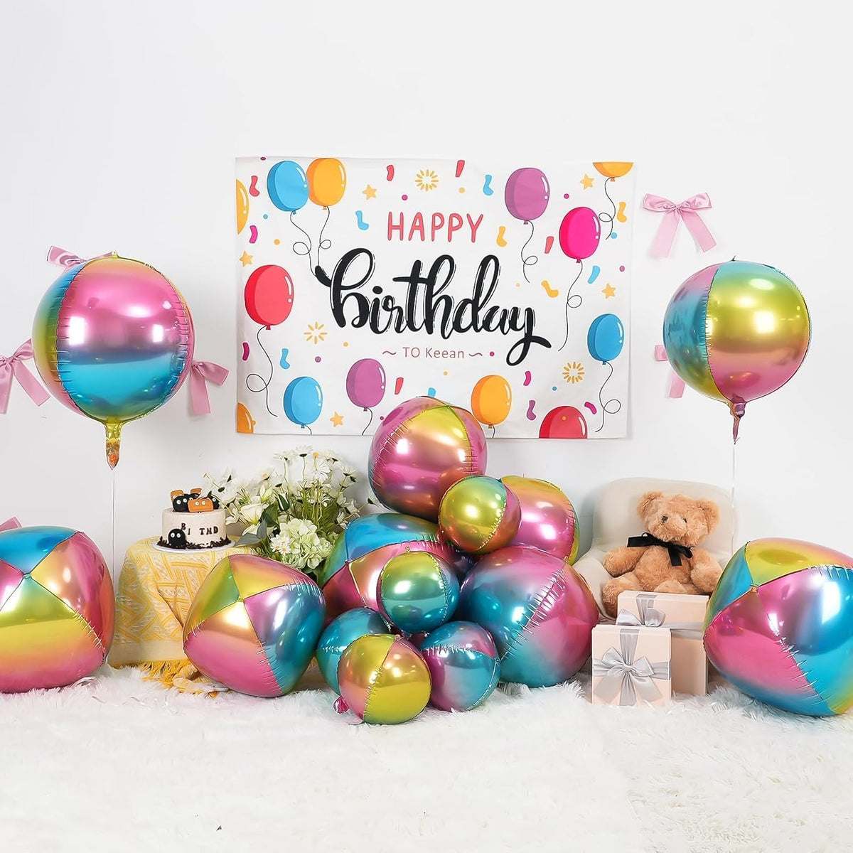 12Pcs Gradient Color Round Foil Balloons, 22" 15" 10" Rainbow Helium Ball Balloon, Metallic