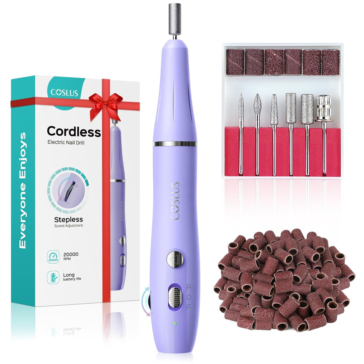 COSLUS Cordless Electric Nail Drill File: Nail Drill Machine with Stepless Speed Knob for Acrylic