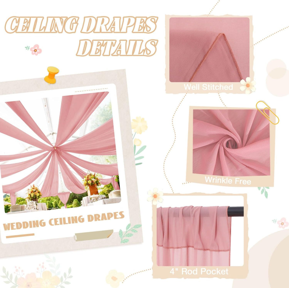 FUHSY Wedding Ceiling Drapes Sheer Fabric for Draping 2 Panels 5x20 FT Dusty Rose Backdrop Curtains