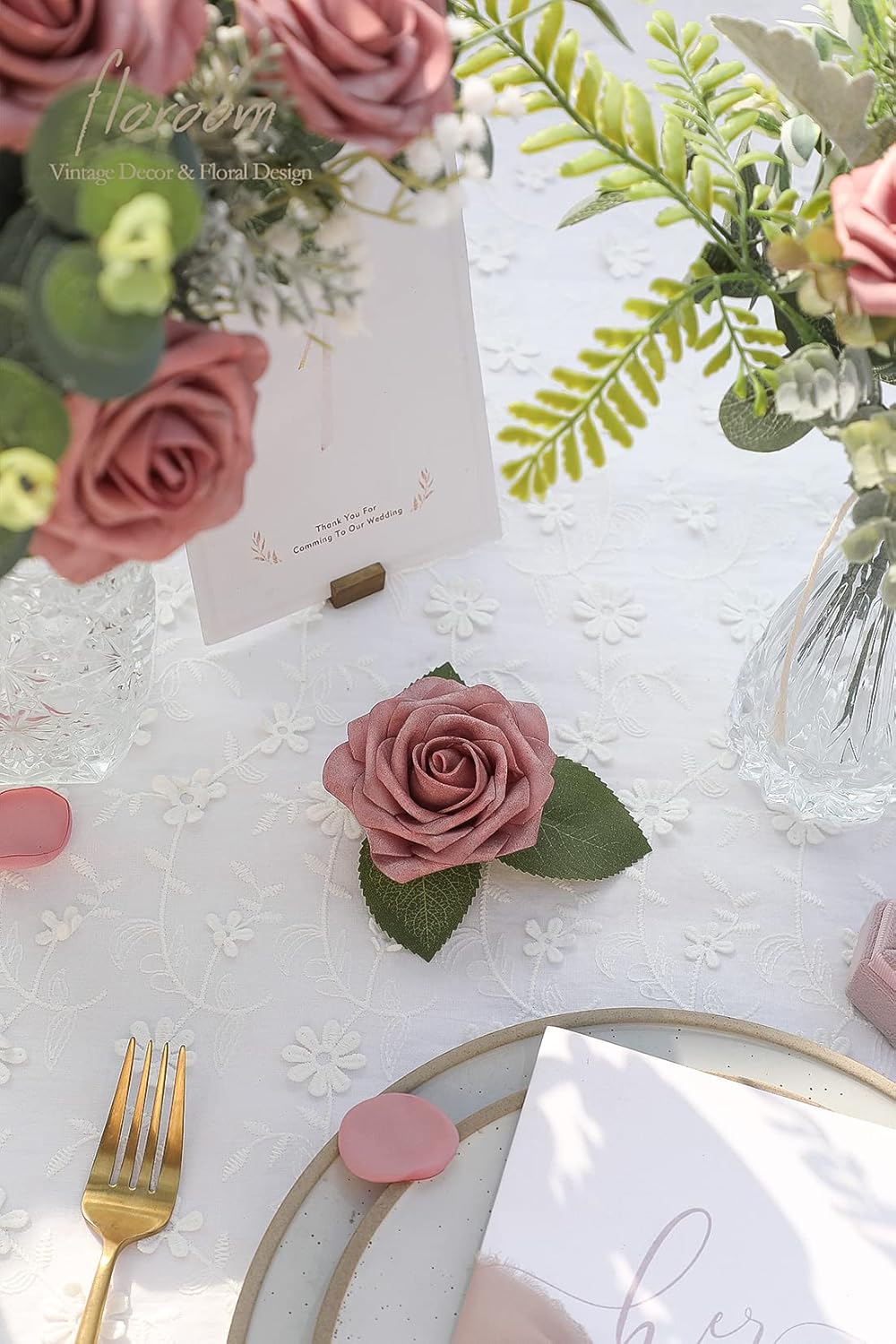 Floroom Artificial Flowers 50pcs Real Looking Dusty Rose Foam Fake Roses with Stems for DIY Wedding
