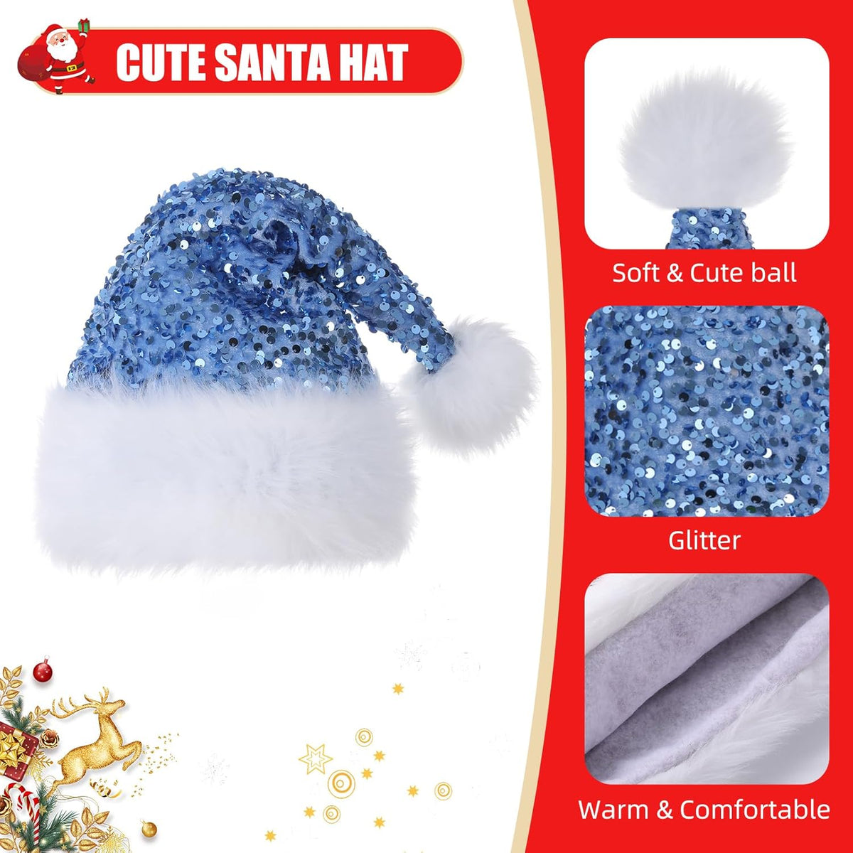 Personalized Sequin Santa Hat for Adults, Red Glitter Christmas Party Hat, Xmas Halloween New Year