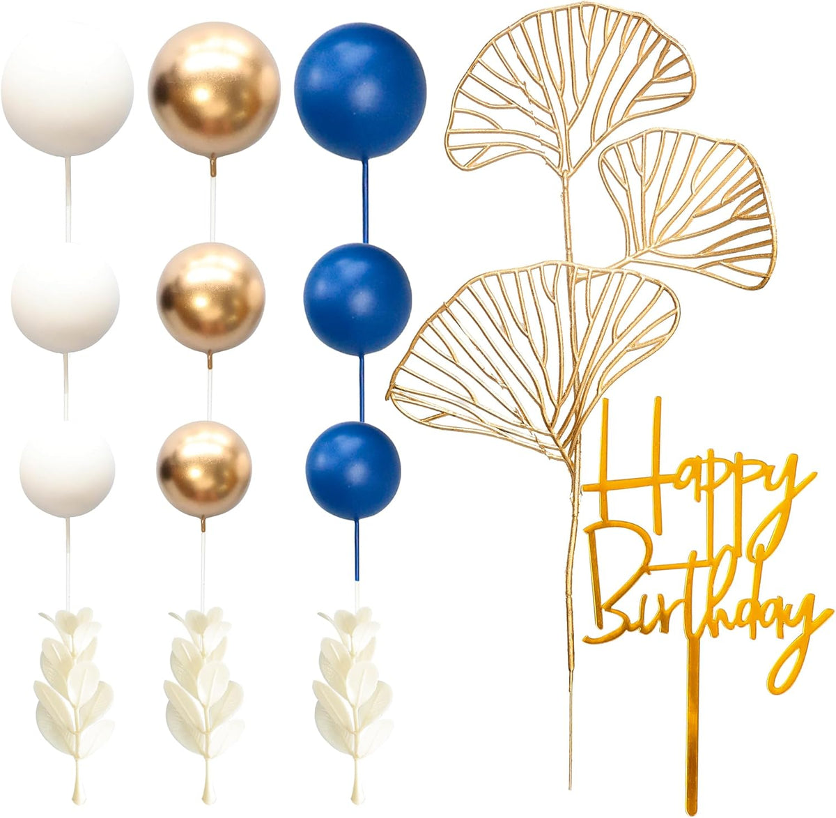 Gyufise 57Pcs Balls Cake Topper Boho Grass Cake topper Pearl Balls Acrylic Happy Birthday Cake