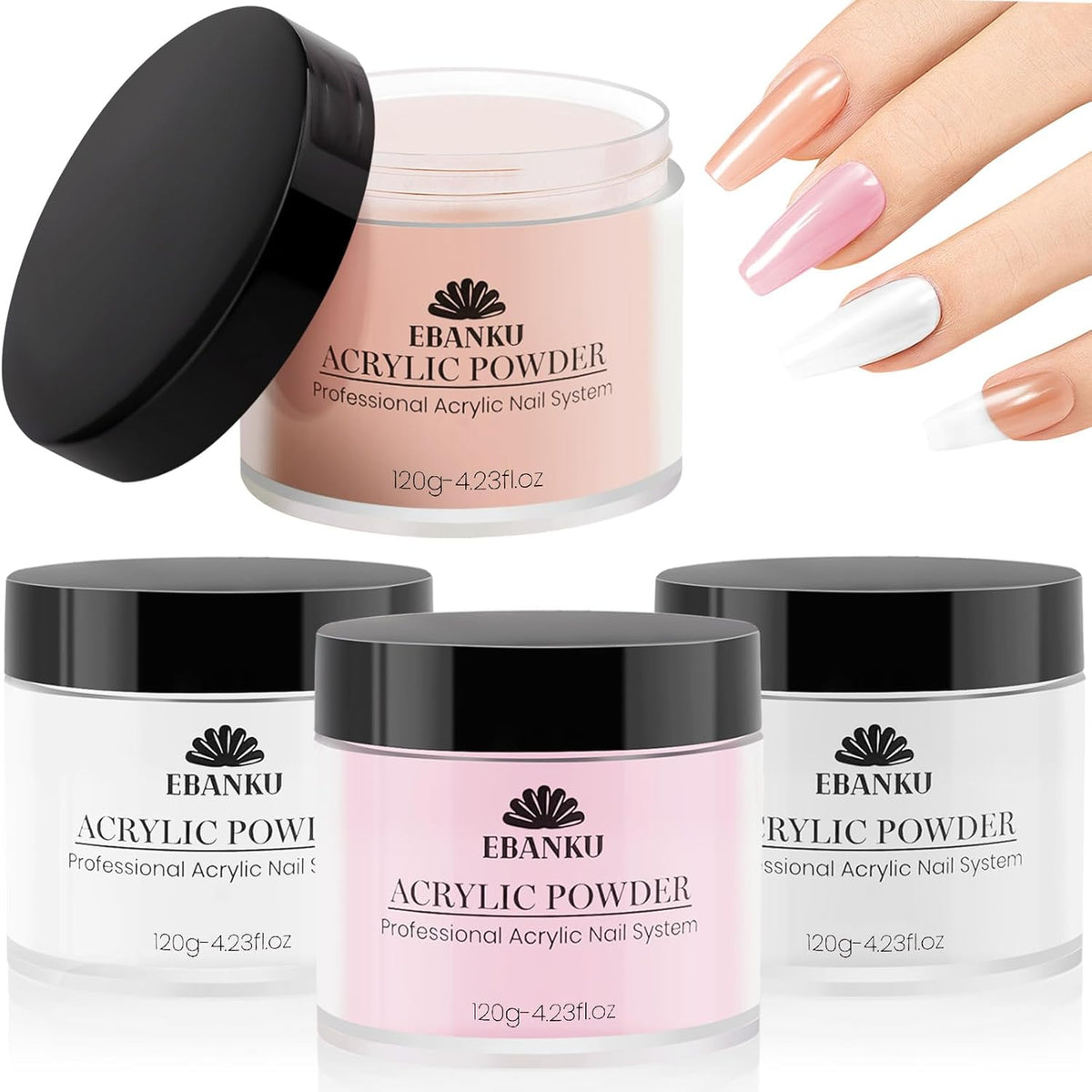 EBANKU Acrylic Powder Set 4 Colors Acrylic Nail Powder Nude Pink White Clear Acrylic Powder for