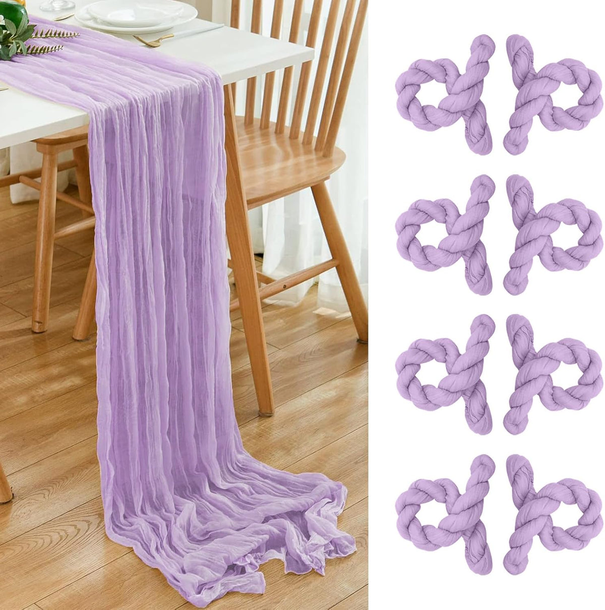 8 Pack 10Ft Table Runner 35x120 inch Purple Boho Gauze Table Cheese Cloth Long Wrinkled Sheer Table