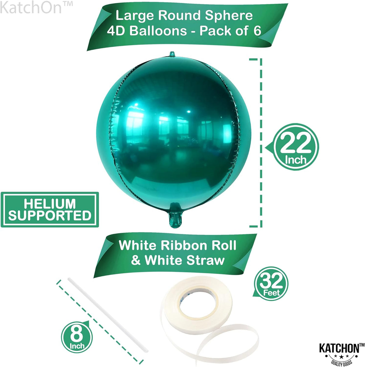 KatchOn, Metallic Emerald Green Balloons - Big 22 Inch, Pack of 6 | Dark Green Mylar Balloons