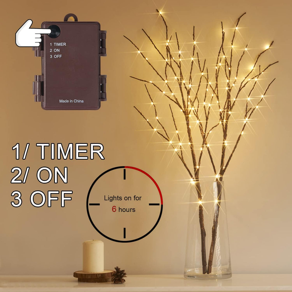 Fudios Lighted Brown Branches with Timer 32 in 100 LED for Vases Battery Operated, Artificial