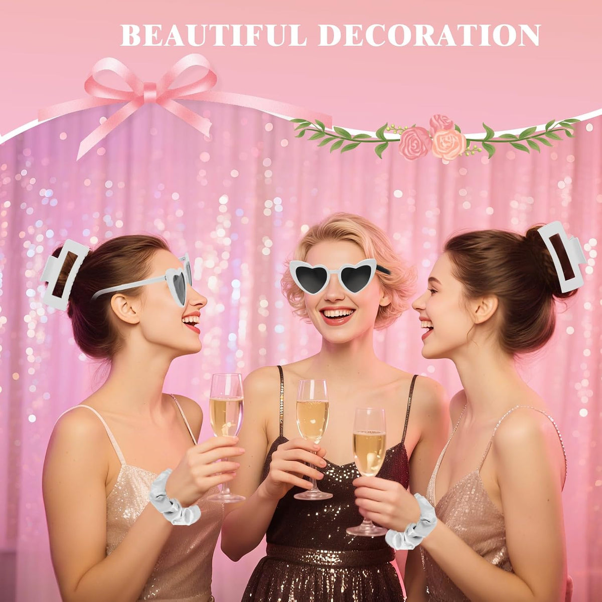 White Bridesmaid Proposal Gift Set, 8PCS Hair Claw, Scrunchies, Makeup Clips & Heart Sunglasses