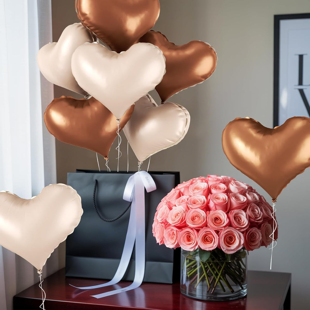 24 Inch Beige Brown Heart Balloons, Coffee Apricot Heart Shaped Foil Balloons, Boho Helium Balloon