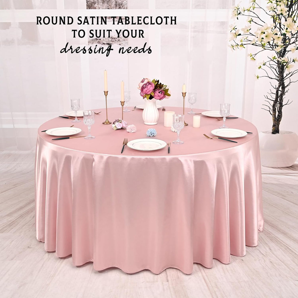 6 Packs Satin Tablecloth 120 Inch Rose Gold Round Table Cloth Silk Tablecloth Smooth Fabric Overlay