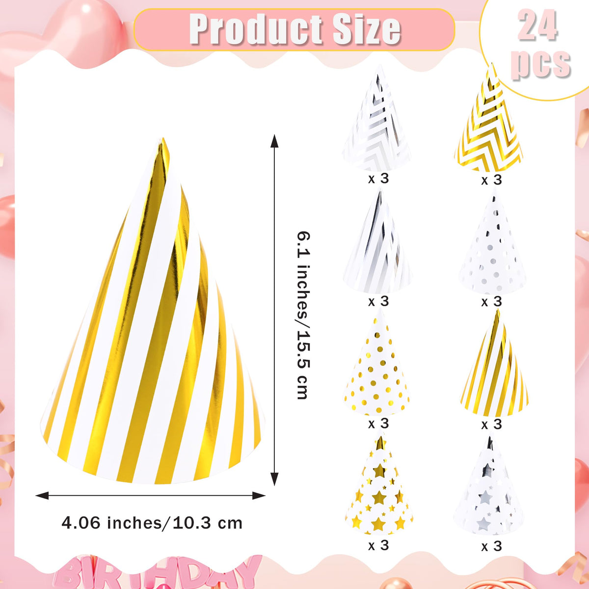 CANREVEL 24 PCS Pre-Assembled Party Hats for Adults and Kids, Gold Silver