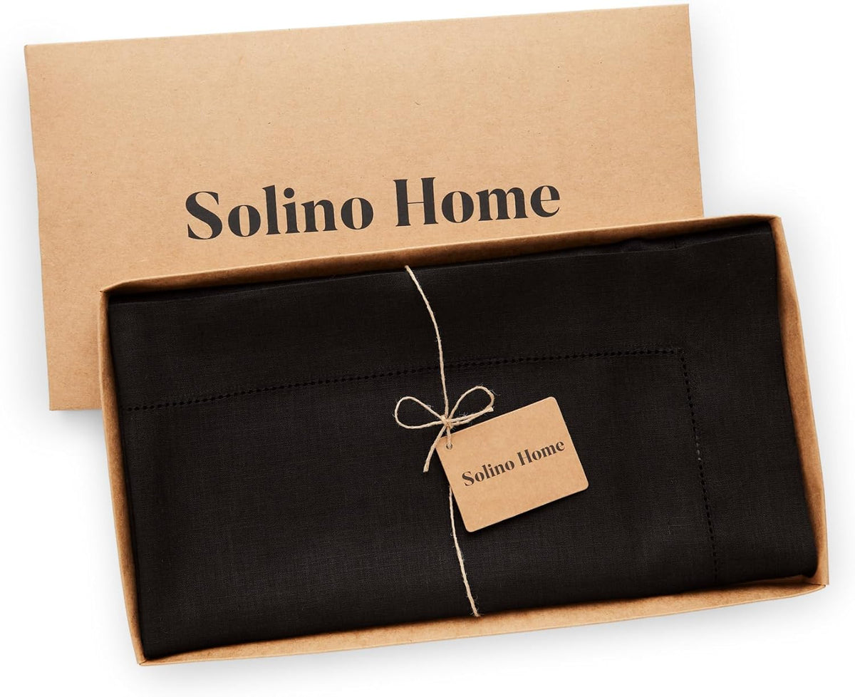 Solino Home Black Linen Tablecloth 52 x 52 Inch - 100% Pure Linen Square Table Throw - Classic