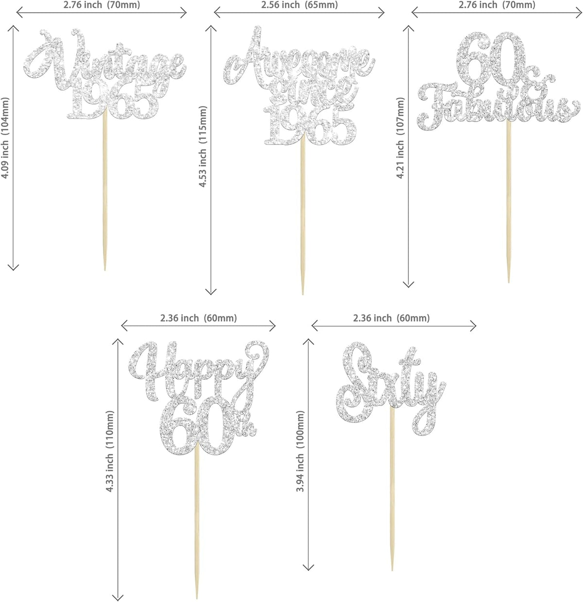 30Pcs Happy 60th Birthday Cupcake Toppers Glitter Sixty Vintage 1965 Cupcake Picks Cheers to 60