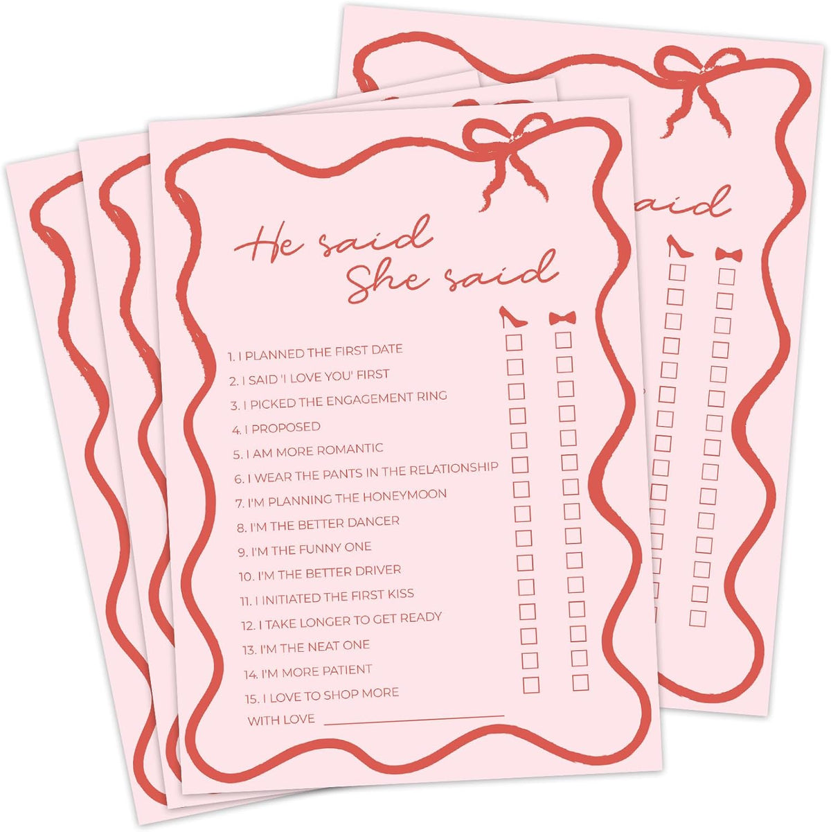 DEEKA 30 PCS Bridal Shower Games Card for 30 Guests Pink Wavy Border Ribbon Bow Funny Wedding