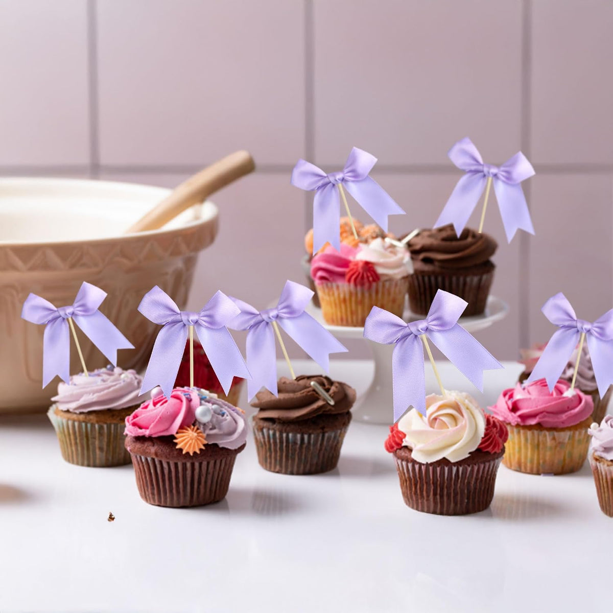 Gyufise 24Pcs Bow Cupcake Toppers Coquette Bow Girls Birthday Cake Decorations Bowknot Cake Toppers