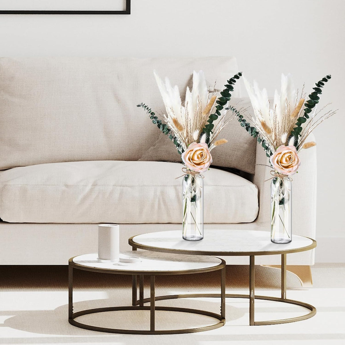 10 Set Dried Pampas Grass Centerpiece for Wedding 10 Clear Glass Jars 10 Artificial Roses 80 Dried
