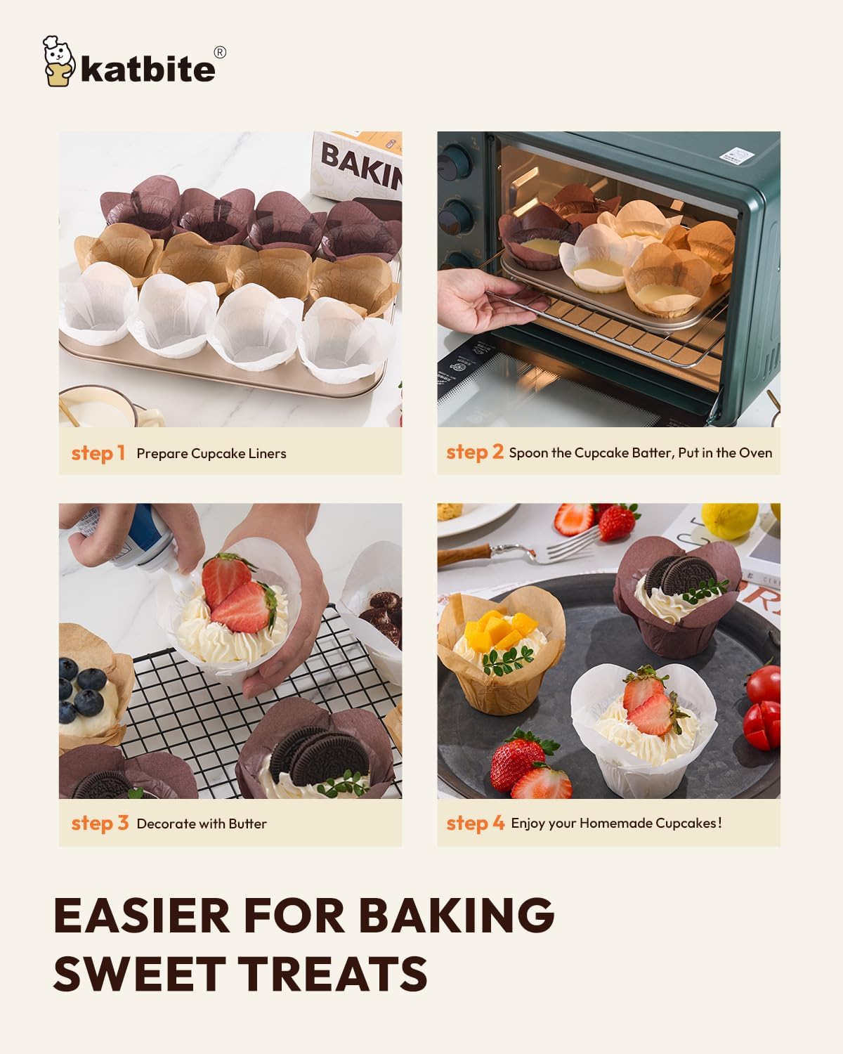 Lotus Tulip Cupcake Liners 200pcs - Katbite Premium Parchment Baking Cups, Non-Stick &