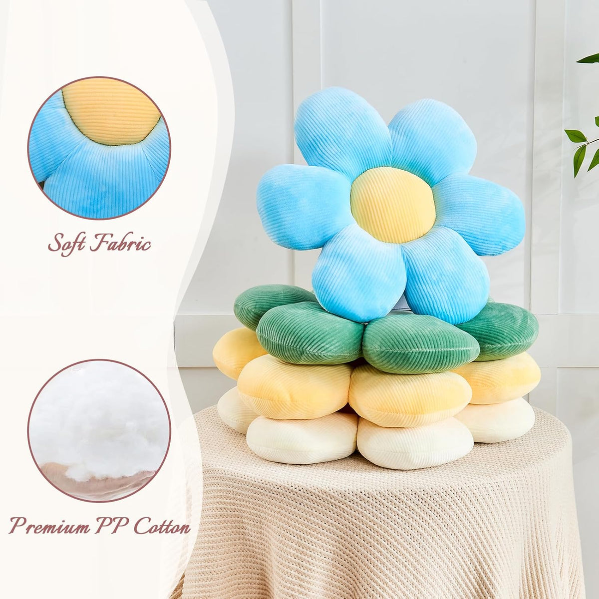 Blue Flower Pillow, 14.9" Cute Flower Shaped Floor Pillow, Aesthetic Floral Plush Daisy Decorative