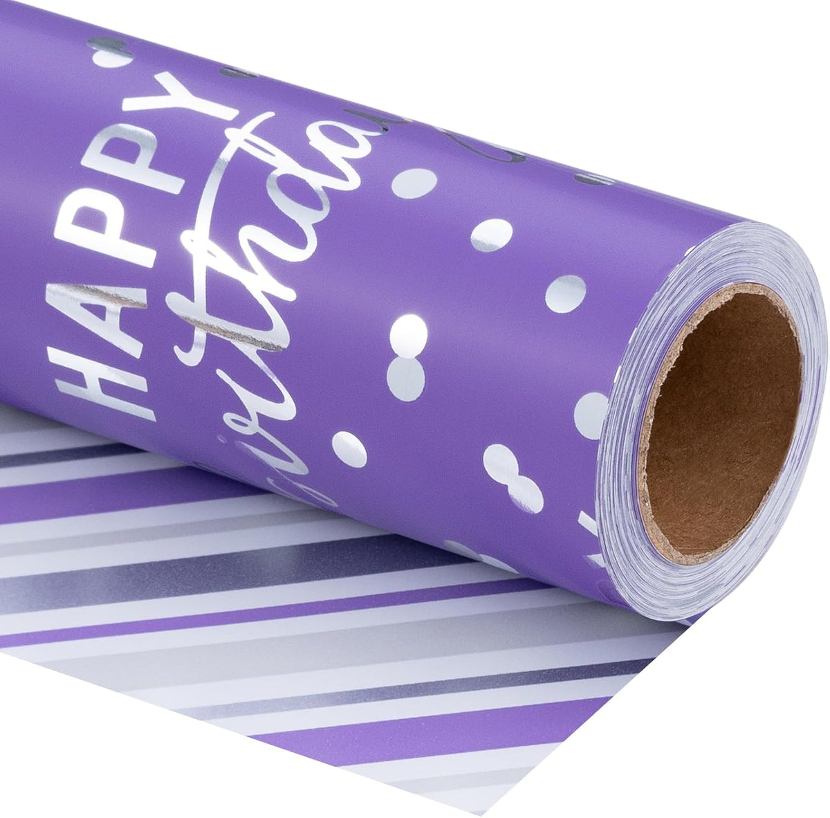 LeZakaa Reversible Purple Birthday Wrapping Paper Roll for Girls Women, Happy Birthday Lettering &