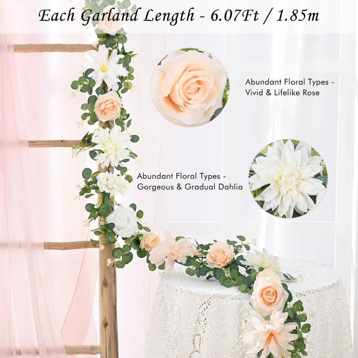 Waipfaru 6.07Ft Eucalyptus Greenery Garland with Flowers, Dusty Blue and White Rose Flower Vines