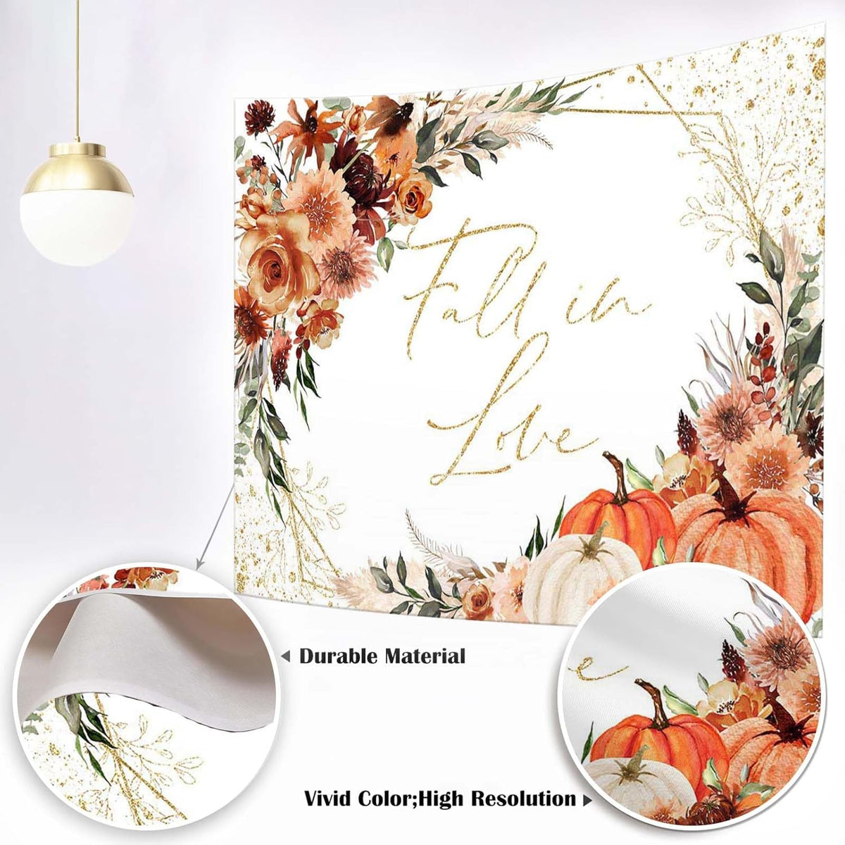 Mocsicka Fall in Love Bridal Shower Backdrop Boho Autumn Leaves Pumpkin Bride Shower Background