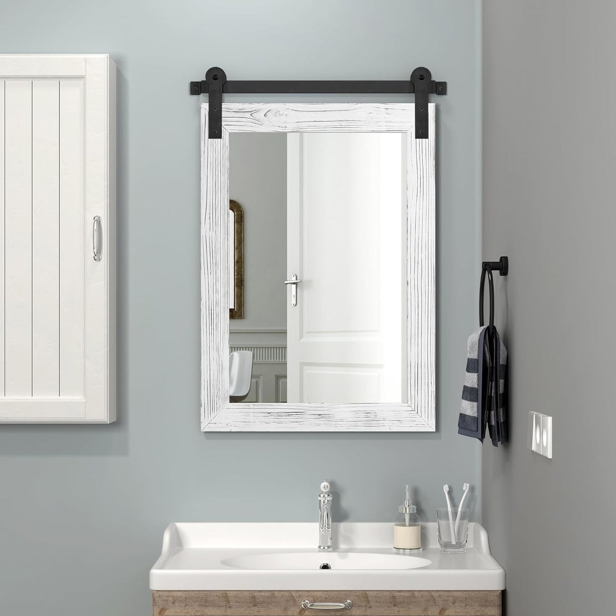 COGOOD Farmhouse Bathroom Mirror - 30 x 21 Rustic Wood Framed Wall Barn Door Mirror for Entryway