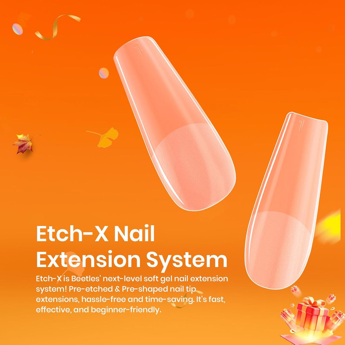 Beetles Gel Nail Tips Medium Coffin Etch X Nail Tips, 12 Sizes 288Pcs Pre Shaped Half Matte Press