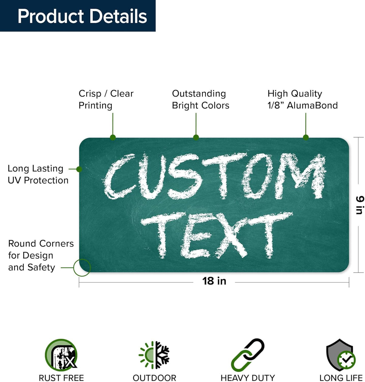 Custom Sign, Custom Street Sign, 11 Font Colors, 13 Font Styles, 4 Hole Options, 22 Sizes, 9x18