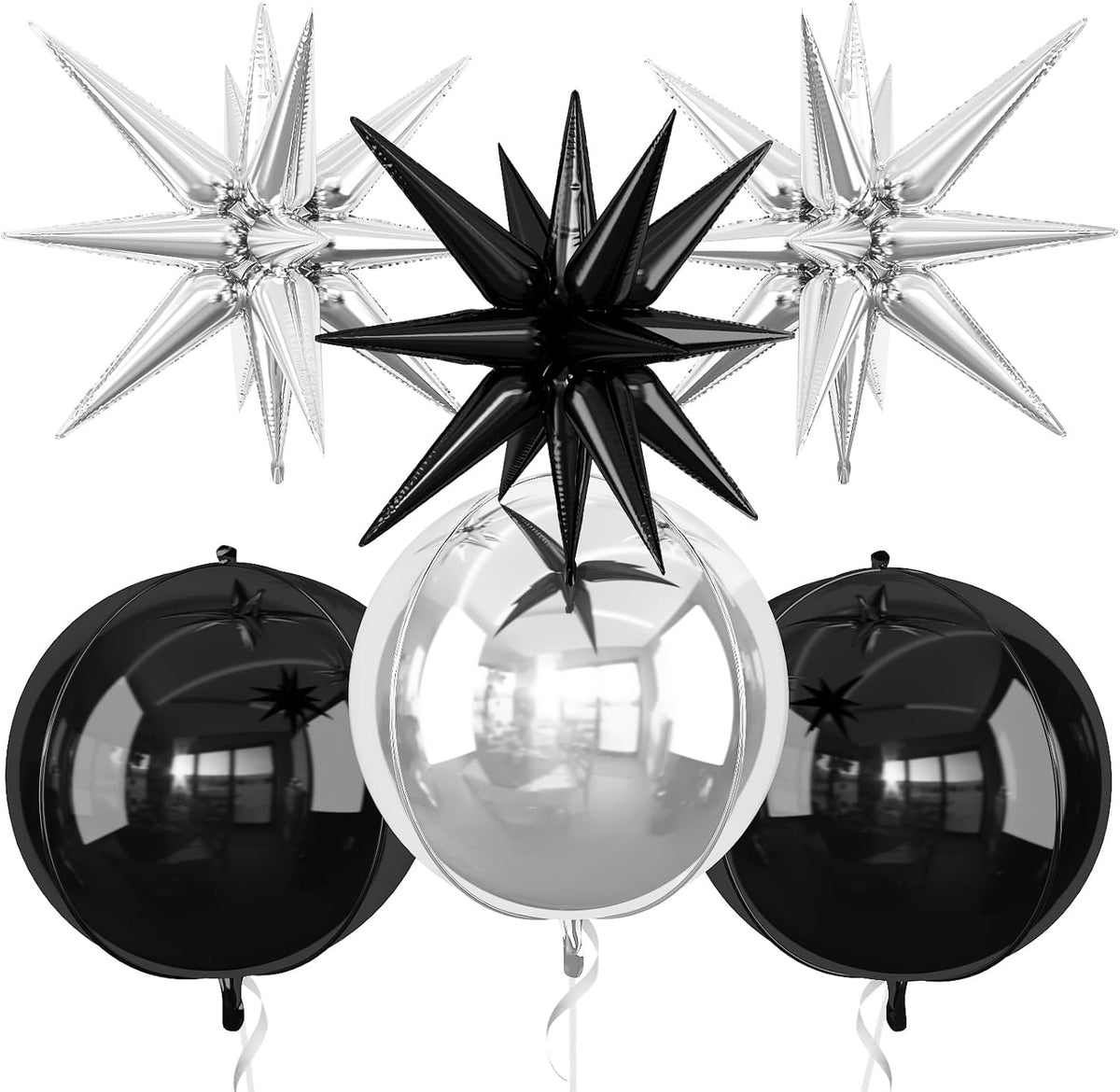 6Pcs Black Silver Foil Balloons,22Inch Black Silver 4D Round Ball Balloon and Explosion Star