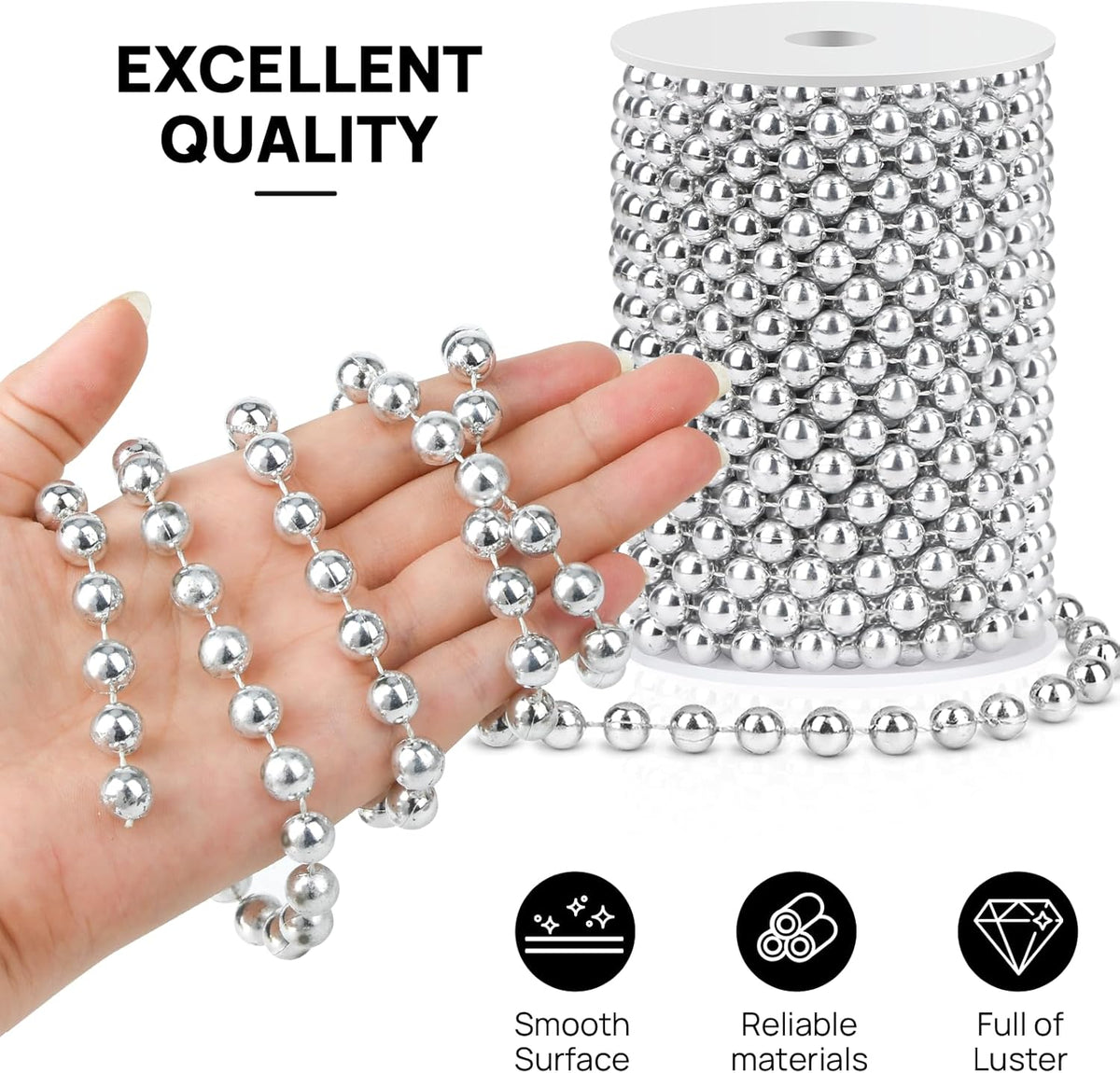 Craft String Pearls 10MM Pearl Bead, 33 Feet Silver Faux Pearl Garland Spool Roll Strand Wedding