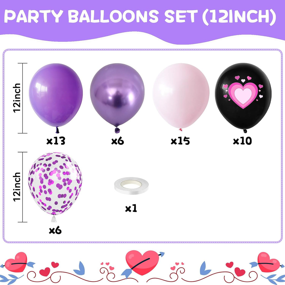 Pink Purple Black Balloons, 50PCS 12 Inch Black Macaron Metallic Purple Pink Birthday Heart Printed