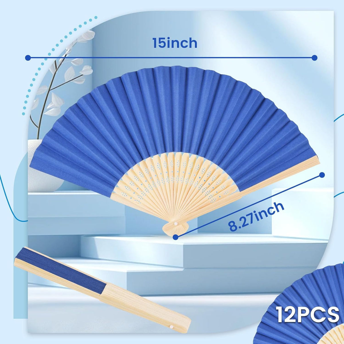 JOHOUSE 12 Pcs Paper Folding Hand Fans, 8.3 Inch Dark Blue Paper Fans Handheld for Wedding, Outdoor