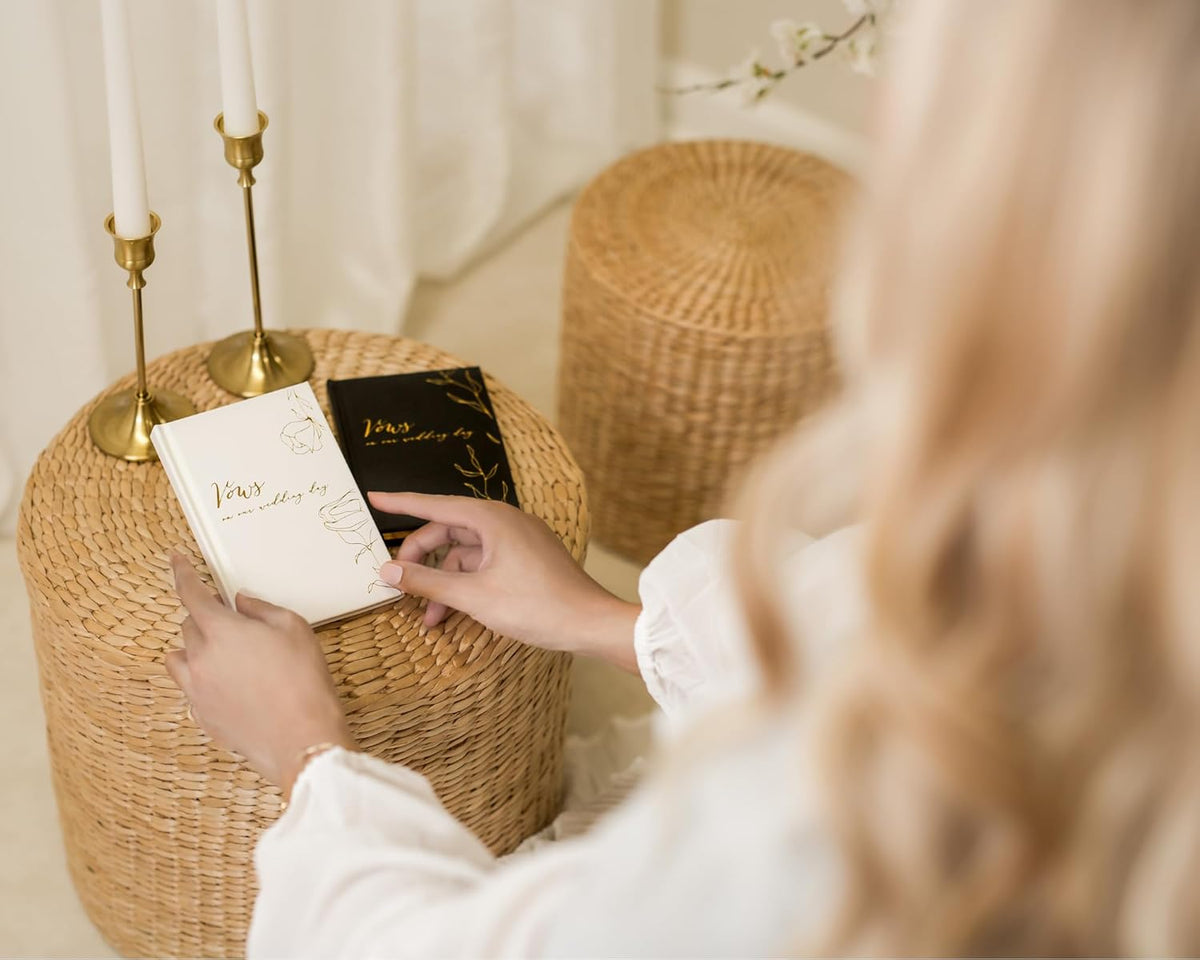 Vows On Our Wedding Day Vow Books (Set of 2) - Black & White Pocket Sized Foil Embossed Foliage