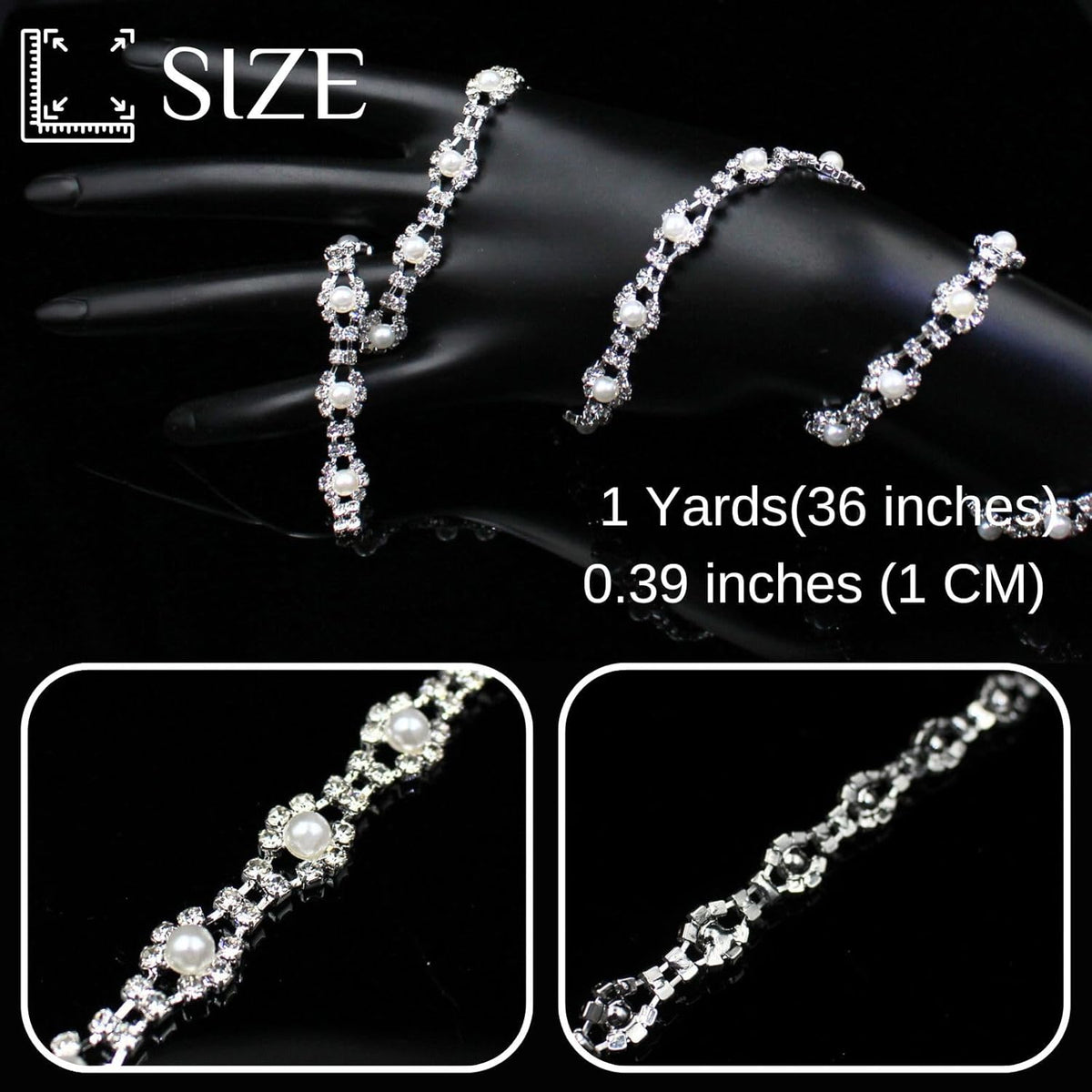 1 Yard Pearl Rhinestone Trim Chain Silver String Crystal Applique Fringe Ribbon Strips Beads Sewing