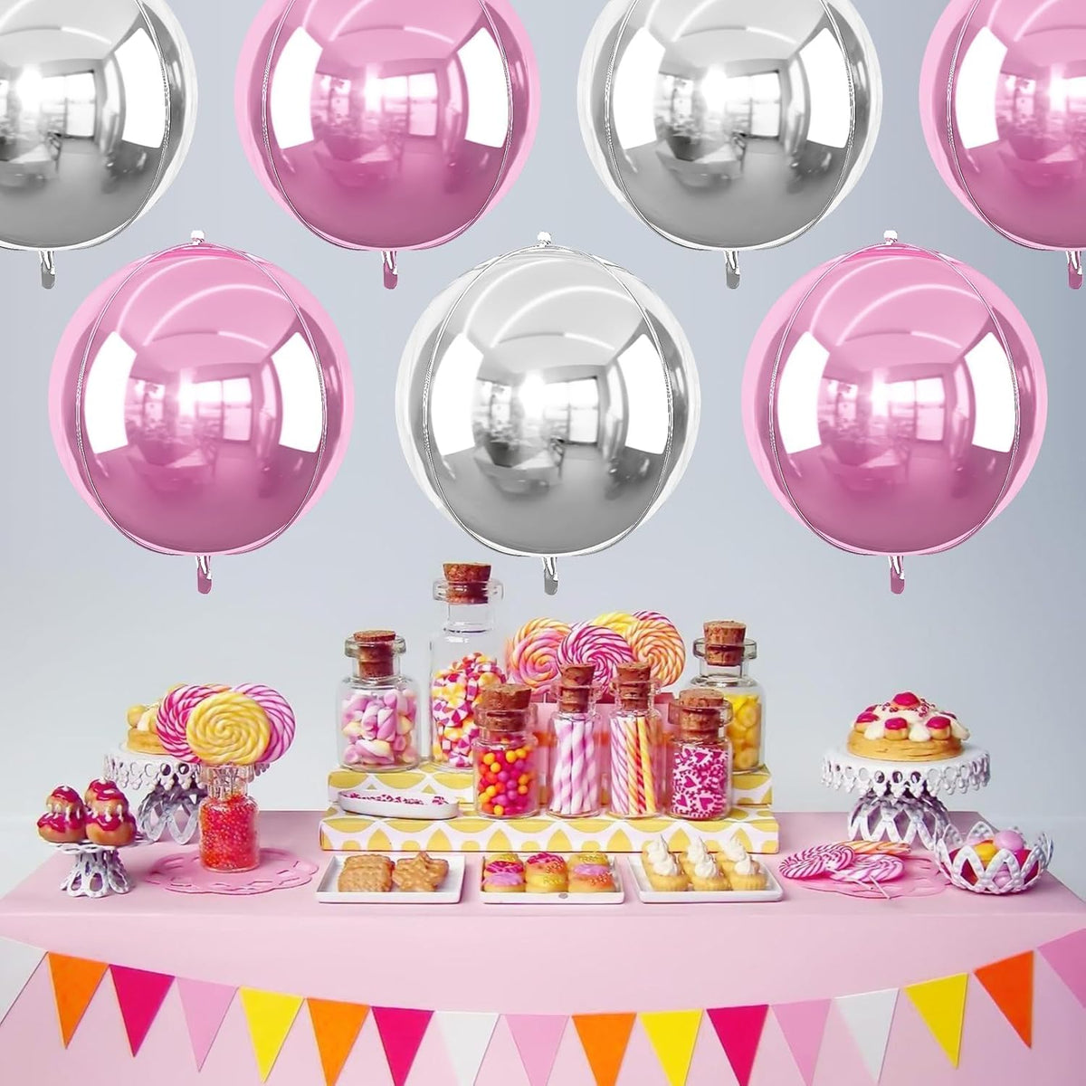 6Pcs Pink Silver Round Foil Balloons, 22inch 4D Metallic Silver Pink Balloons, Large Round Foil