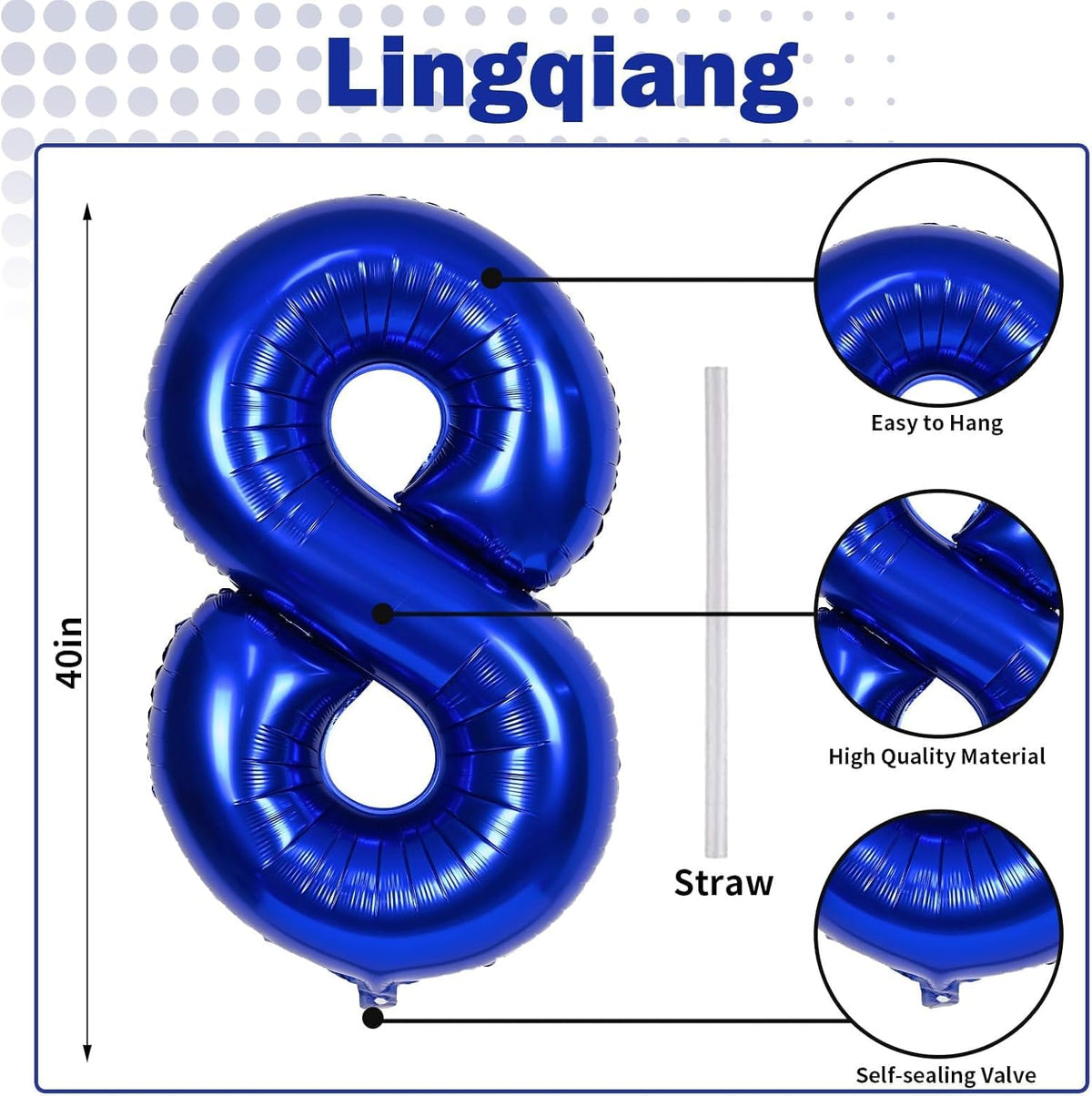 Navy Bluen Balloon Number 8, 40 Inch Large Self Inflating Royal Blue Foil Number Balloons 0-9, Dark