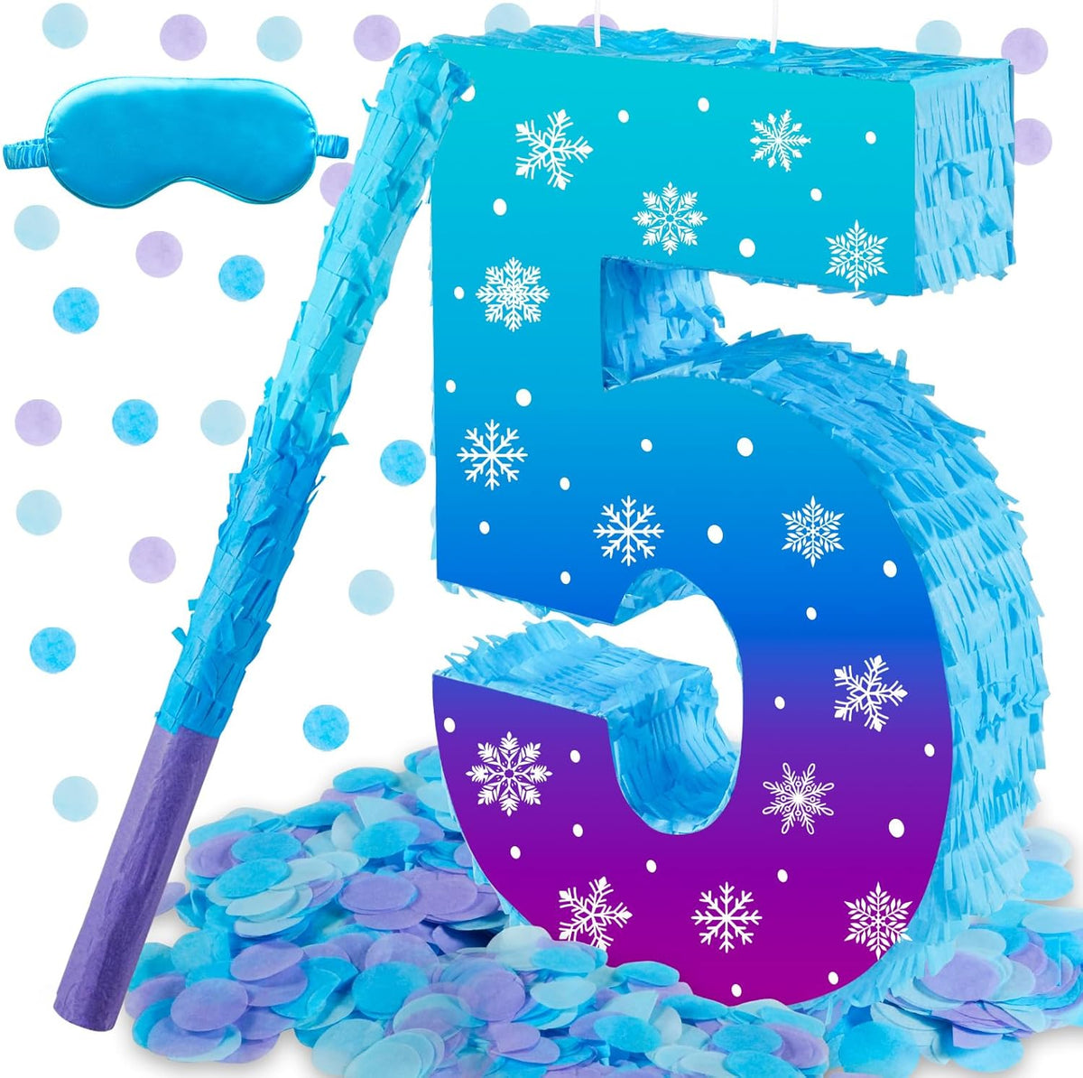 Snowflake Birthday Decorations, Winter Ice Snowflake Number 5 Pinata with Stick Blindfold and