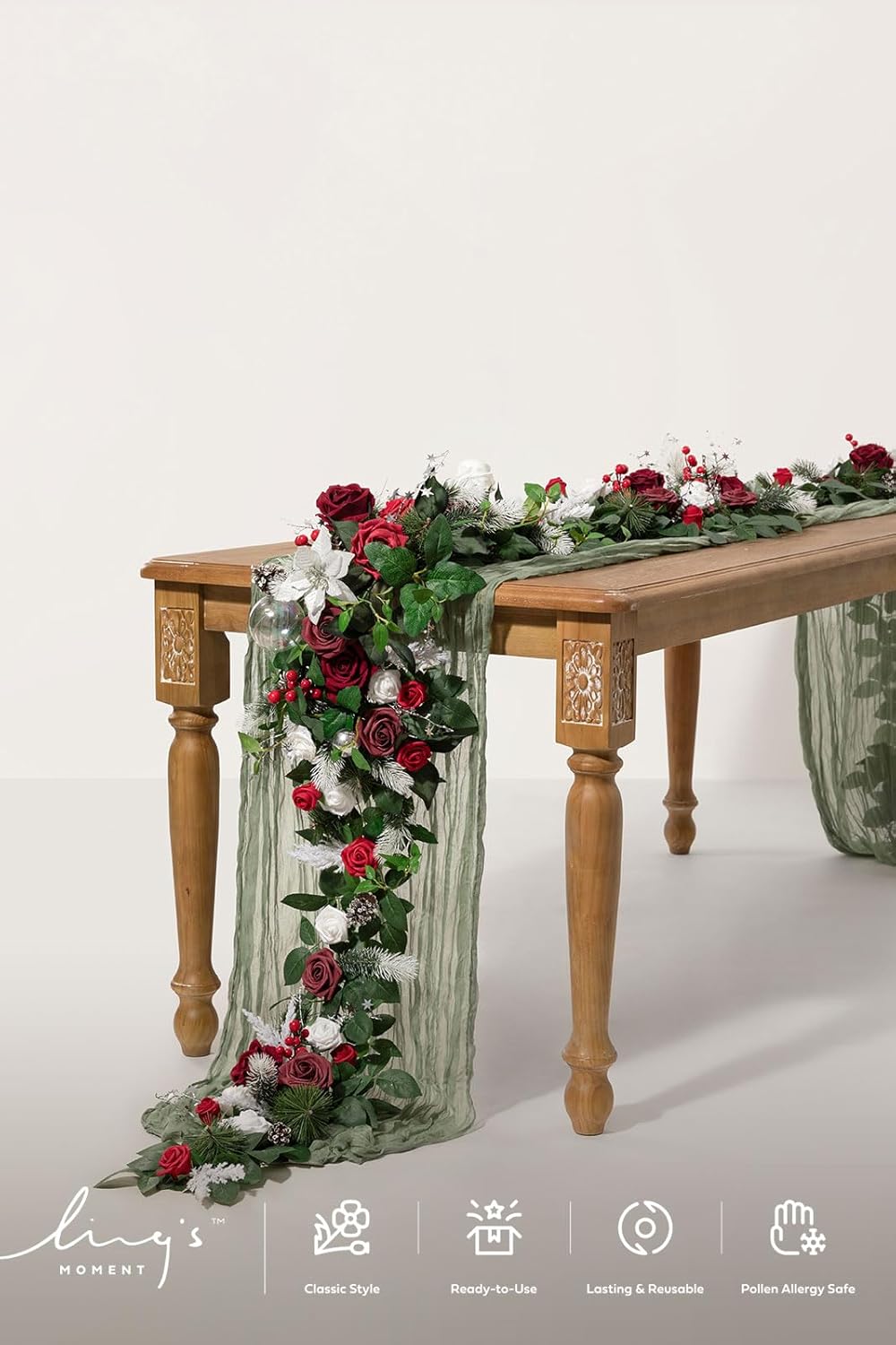Ling's moment Eucalyptus Garland with Flowers 6FT，Table Runner with Flowers Marsala Mantle Decor