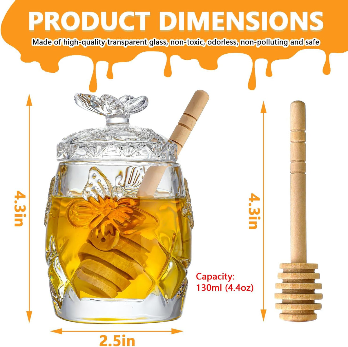kanpura Clear Crystal Honey Jar with Dipper and Lid, Honey Bee Pot, 4.5oz Glass Honey Pot for Home