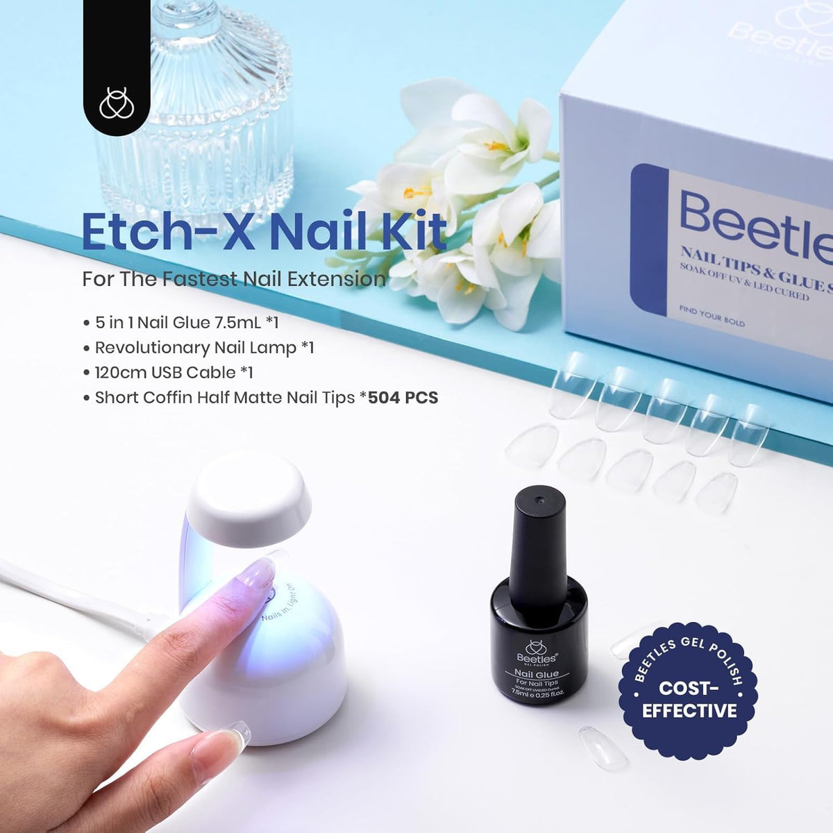 Beetles Gel Nail Kit Coffin: 504Pcs False Nail Tips Easy Nail Extension Set Short Coffin Shape 5 In