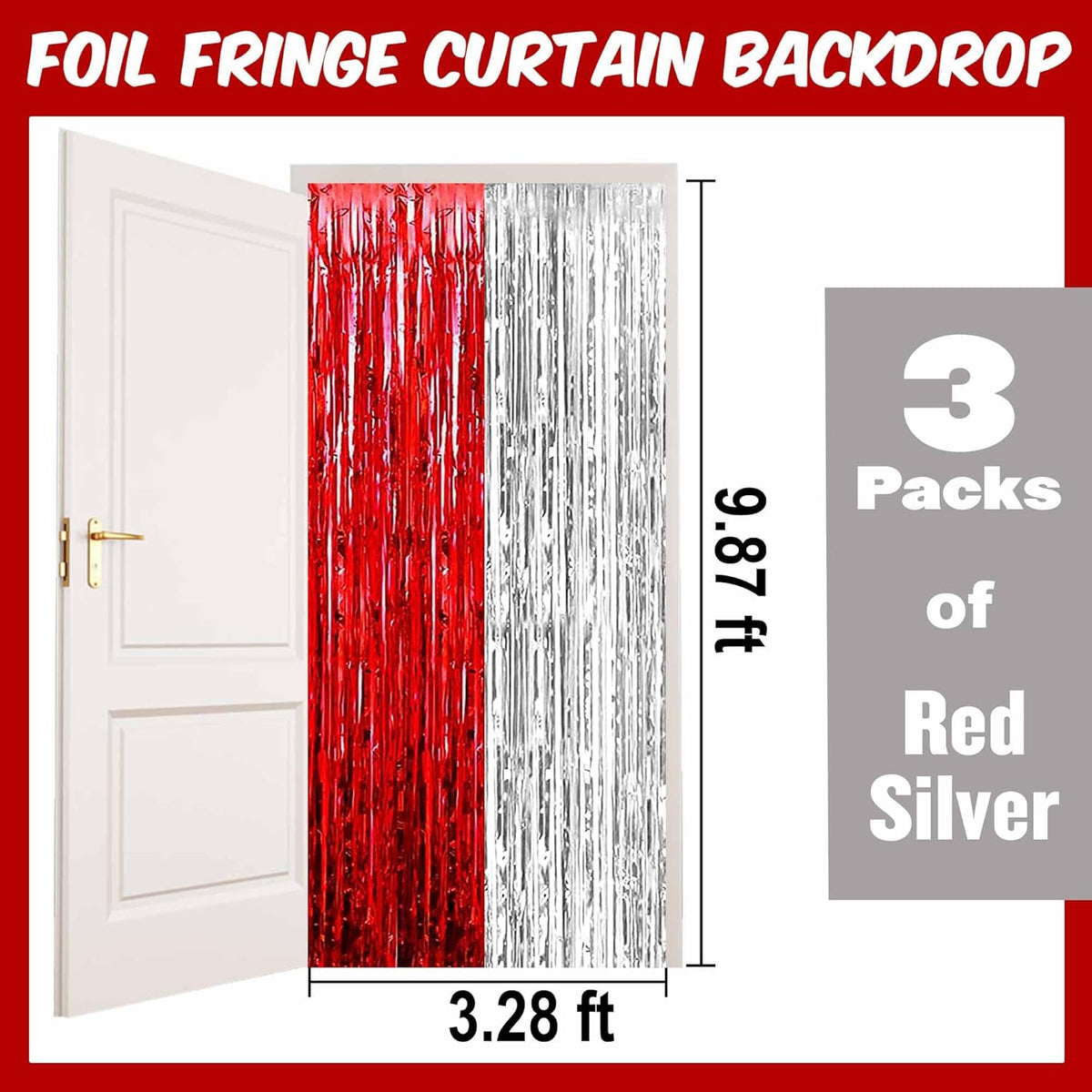 3 Pack Red Silver Foil Fringe Curtains Backdrop, 3.28 x 9.8 Ft Metallic Streamers Tinsel Curtains