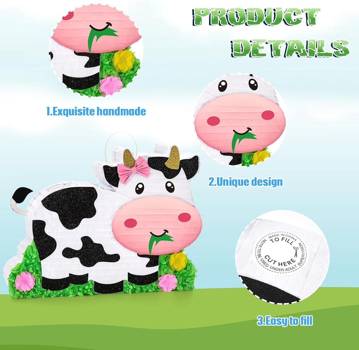 WERNNSAI Dairy Cow Piñata - Farm Animal Party Game Cow Pinata for Girls Birthday Party Decorations