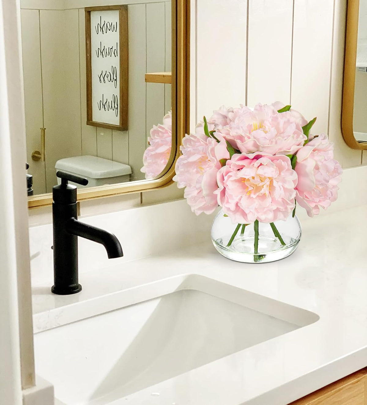 Hollyone Pink Peonies Artificial Flowers with Vase Faux Flowers Peony Fake Flowers Silk Flower