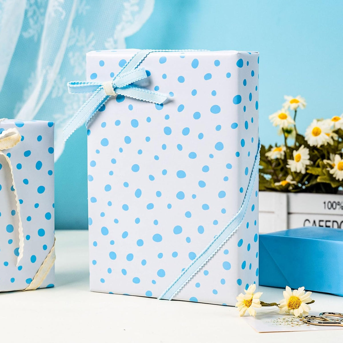 Burymento Blue Lrregular Wave Point Wrapping Paper, Reversible Gold Gift Wrap for Birthday