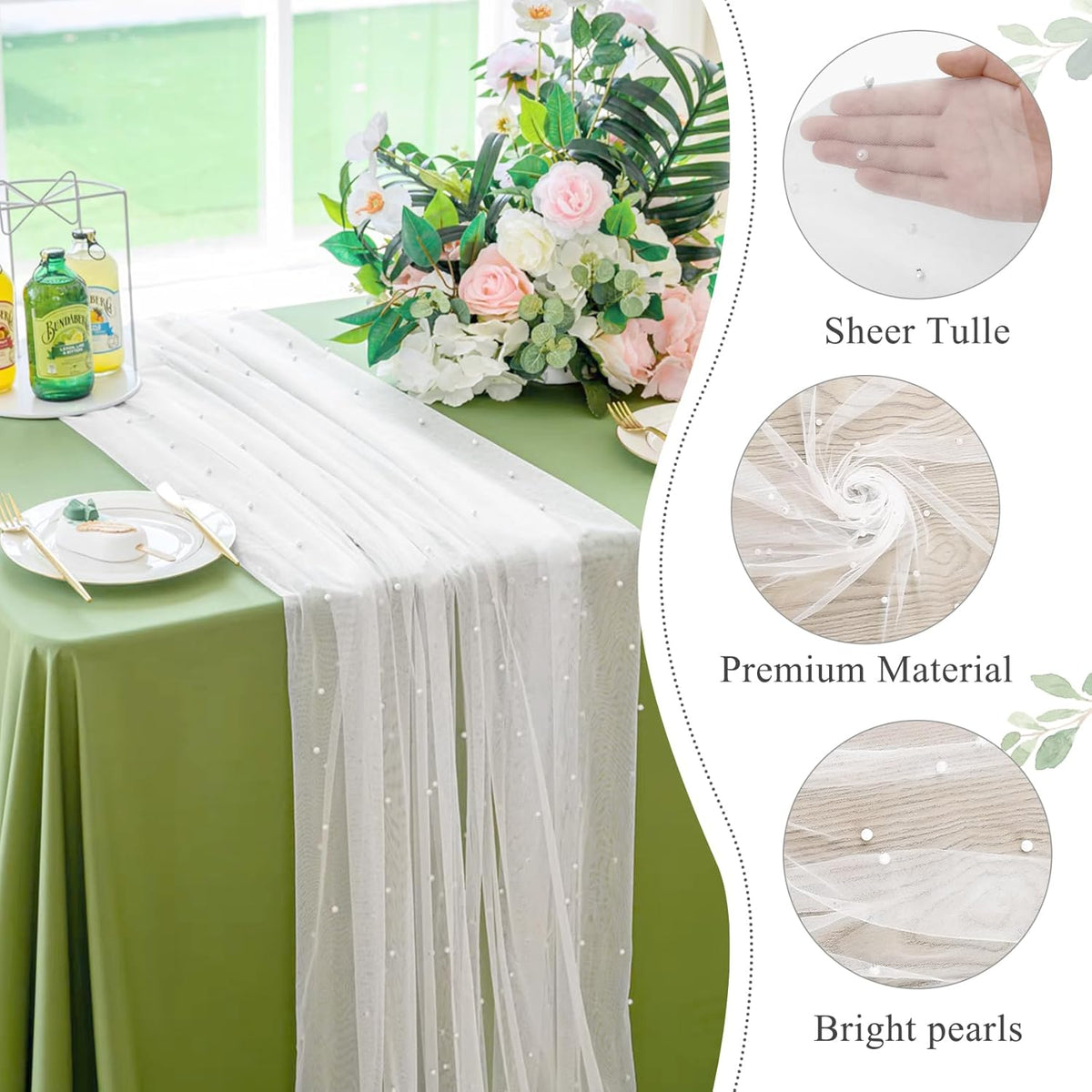 Pearl Table Runner 29 x 120 Inch Tulle Fabric Lace Table Runners Boho Rustic Tablecloth for Bridal