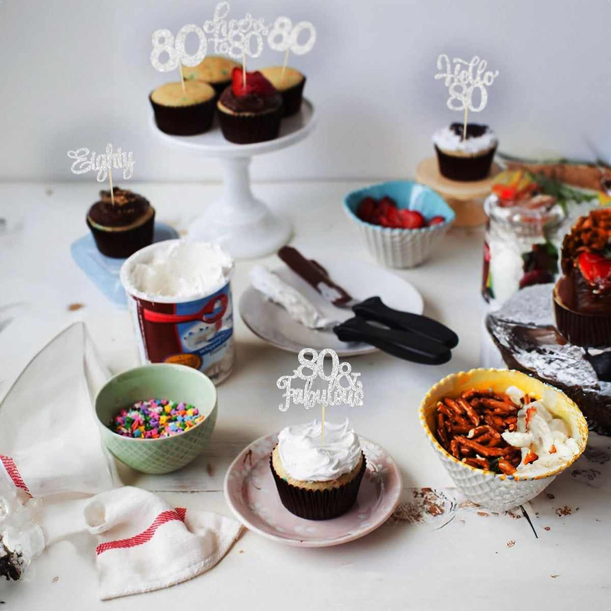 30Pcs Happy 80th Birthday Cupcake Toppers Eighty Cheers to 80 Years Old Birthday Cupcake Picks for